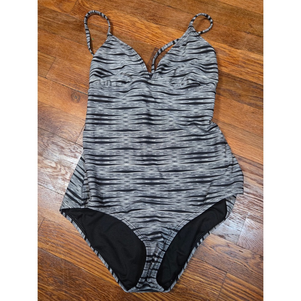 Athleta Womens Black White Wave Print Strappy Lace Up Back One Piece Swimsuit M